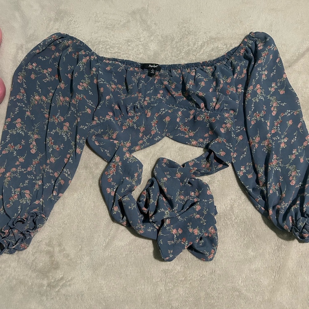 Blue Floral Off-Shoulder Crop Top with Matching Tie